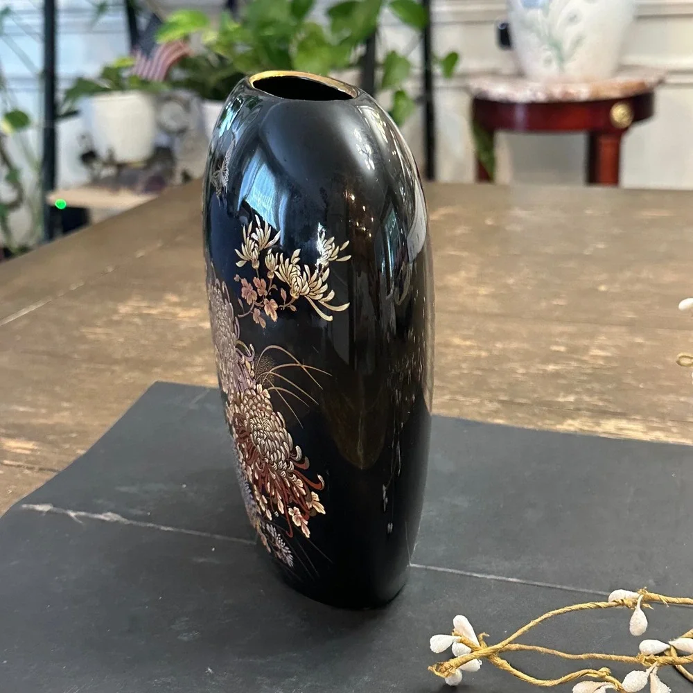 Vintage Japanese Black Porcelain Thin Vase Decor Chrysanthemum Butterfly 7 inch